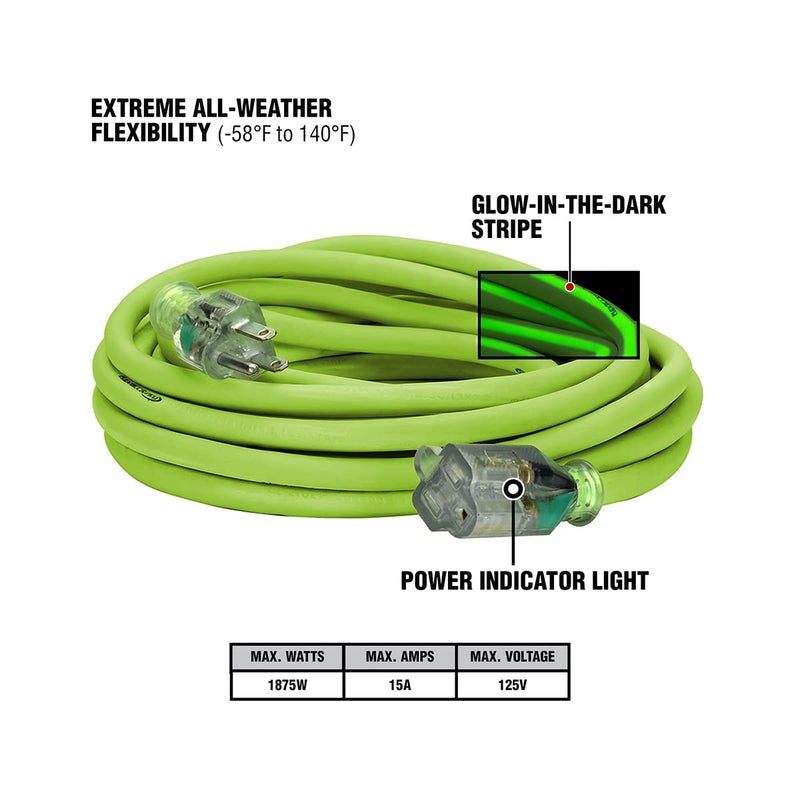 Flexzilla Pro Extension Cord, 12/3 AWG SJTW, 25 ft., Lighted Plug, Indoor/Outdoor, ZillaGreen - FZ512825 - Image 3